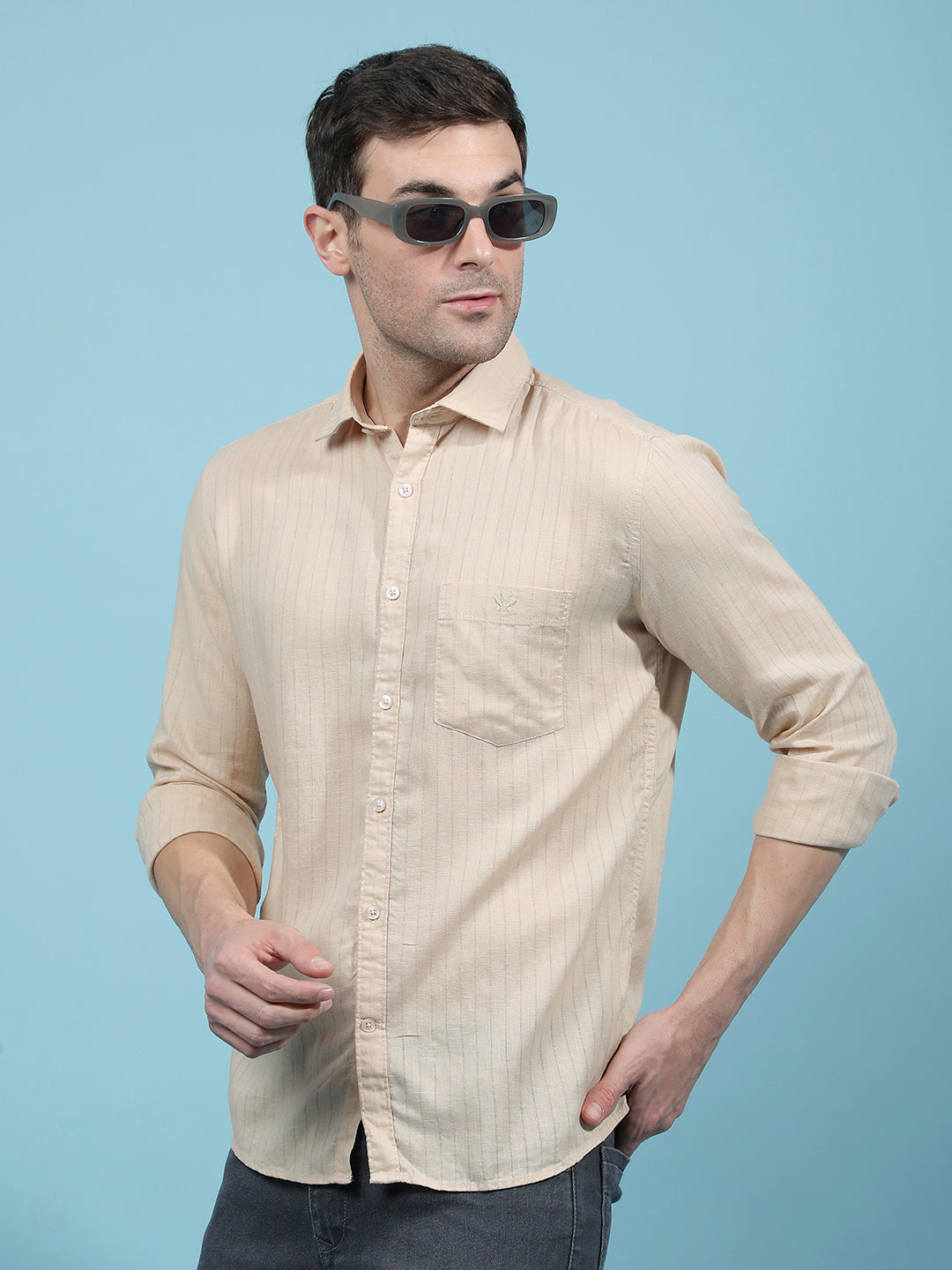 Beige Vertical Stripes Linen Shirt-Men Shirts-Crimsoune Club