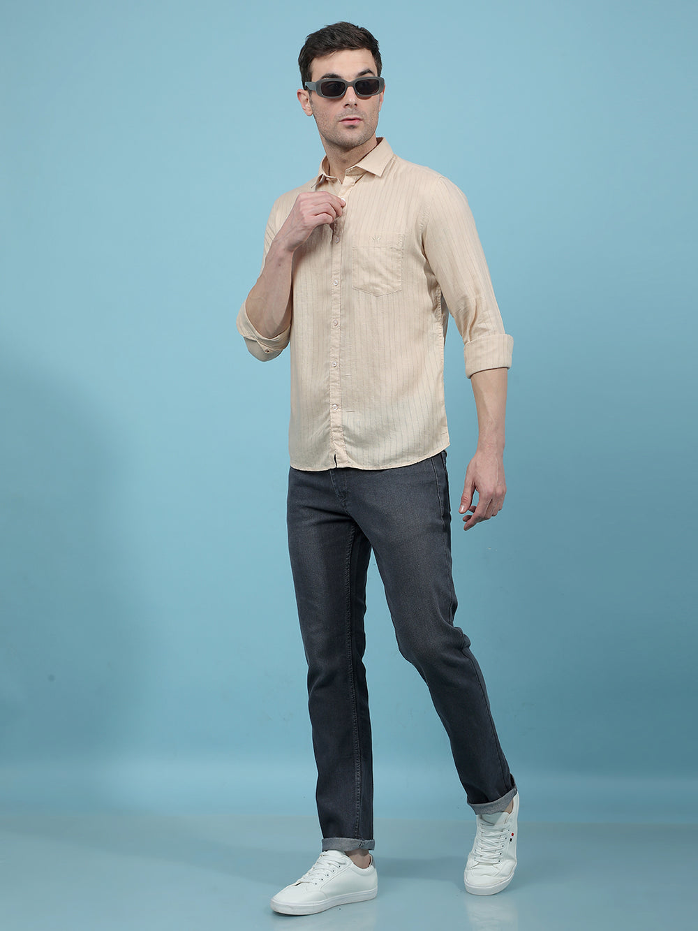 Beige Vertical Stripes Linen Shirt-Men Shirts-Crimsoune Club