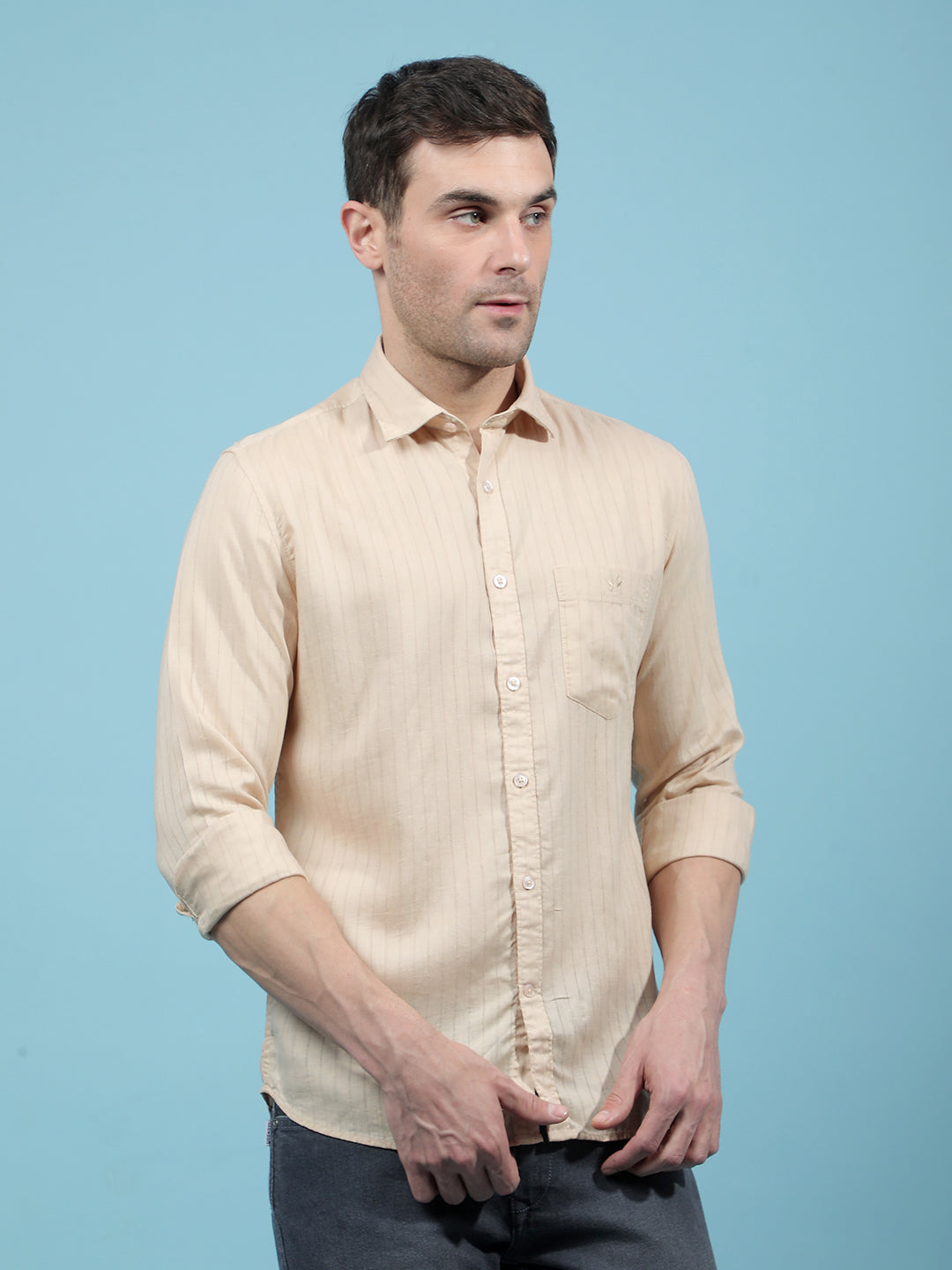 Beige Vertical Stripes Linen Shirt-Men Shirts-Crimsoune Club