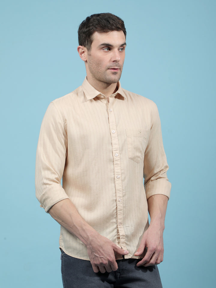 Beige Vertical Stripes Linen Shirt-Men Shirts-Crimsoune Club