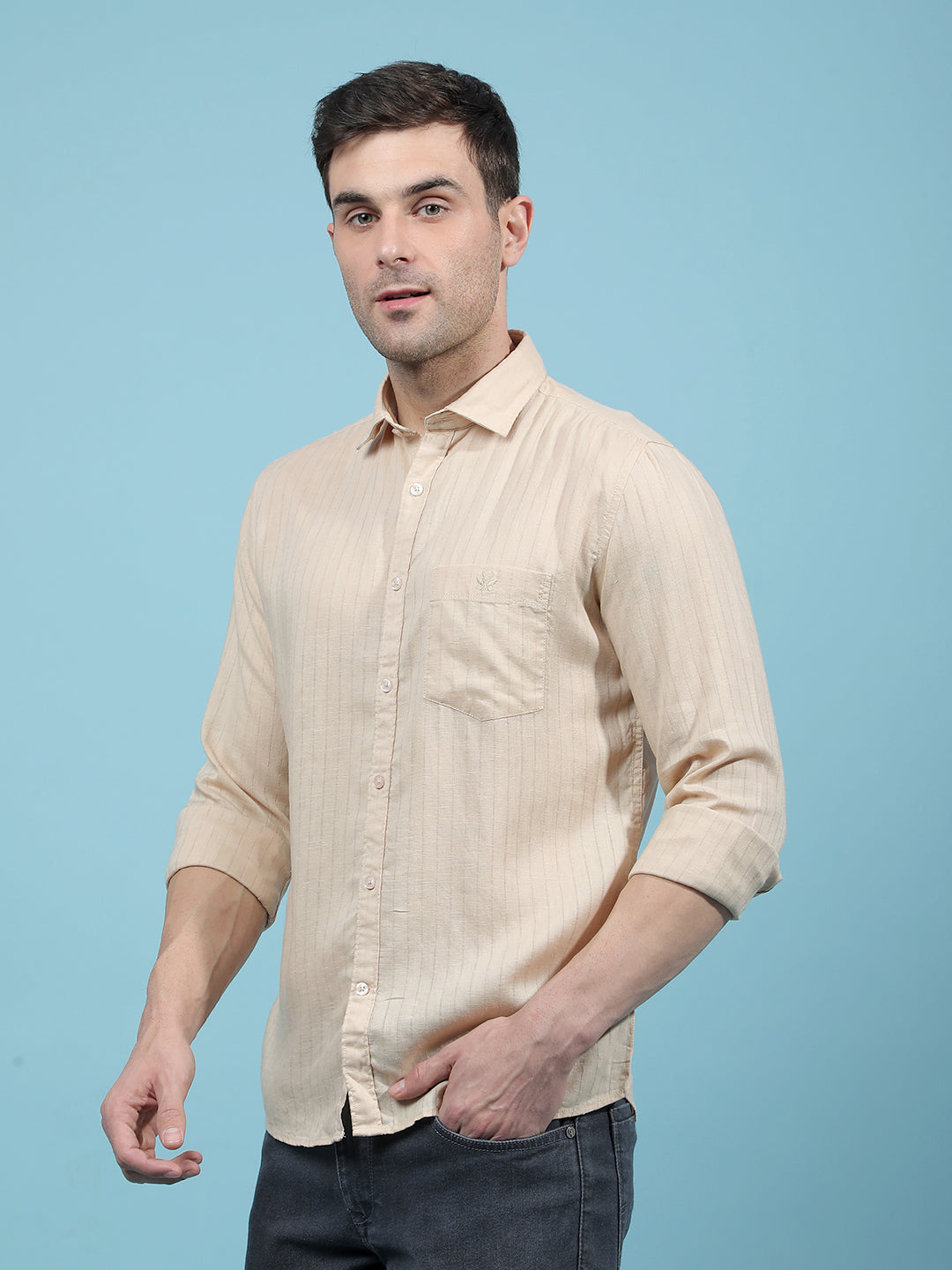 Beige Vertical Stripes Linen Shirt-Men Shirts-Crimsoune Club