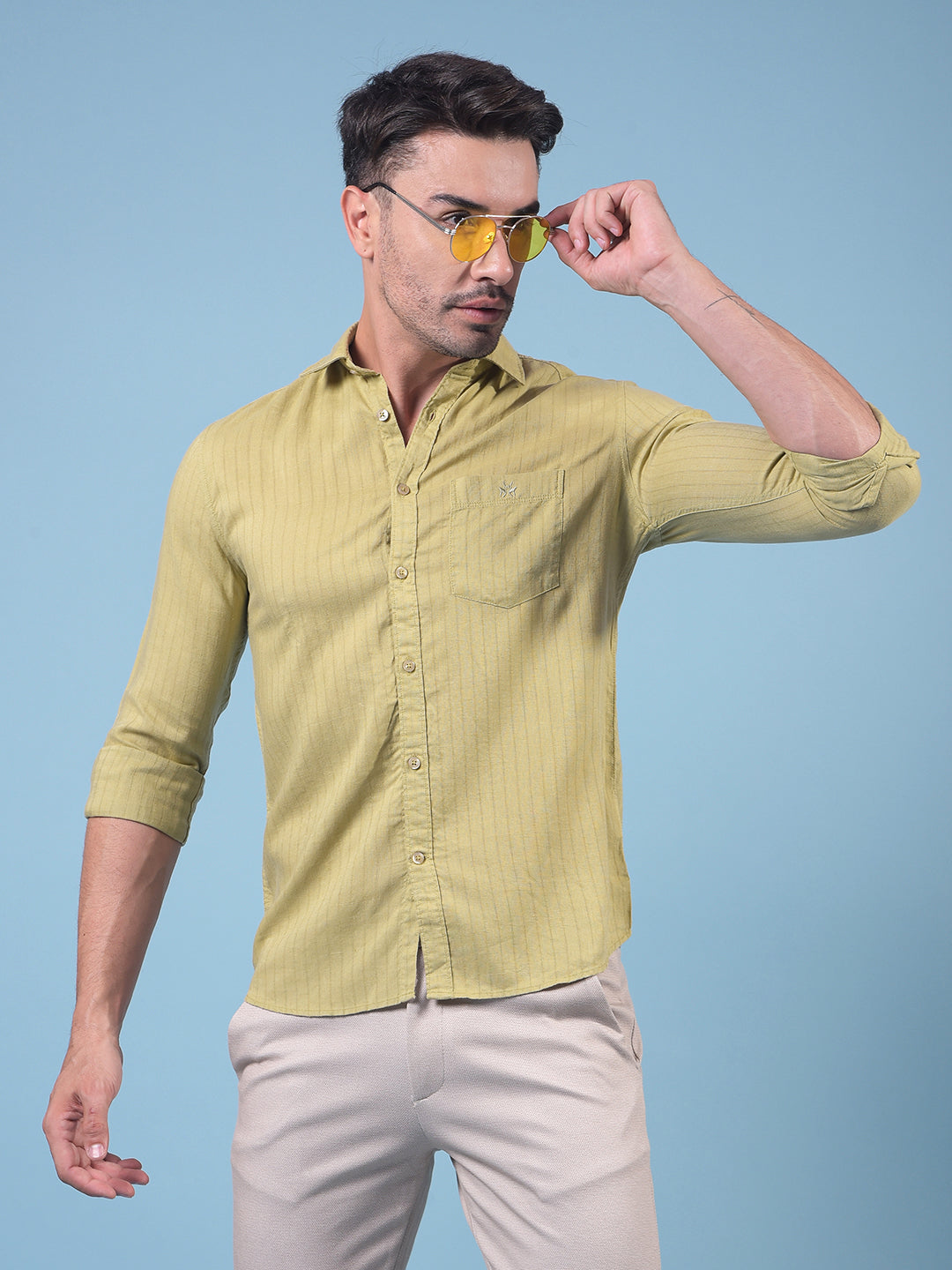 Green Vertical Stripes Linen Shirt-Men Shirts-Crimsoune Club
