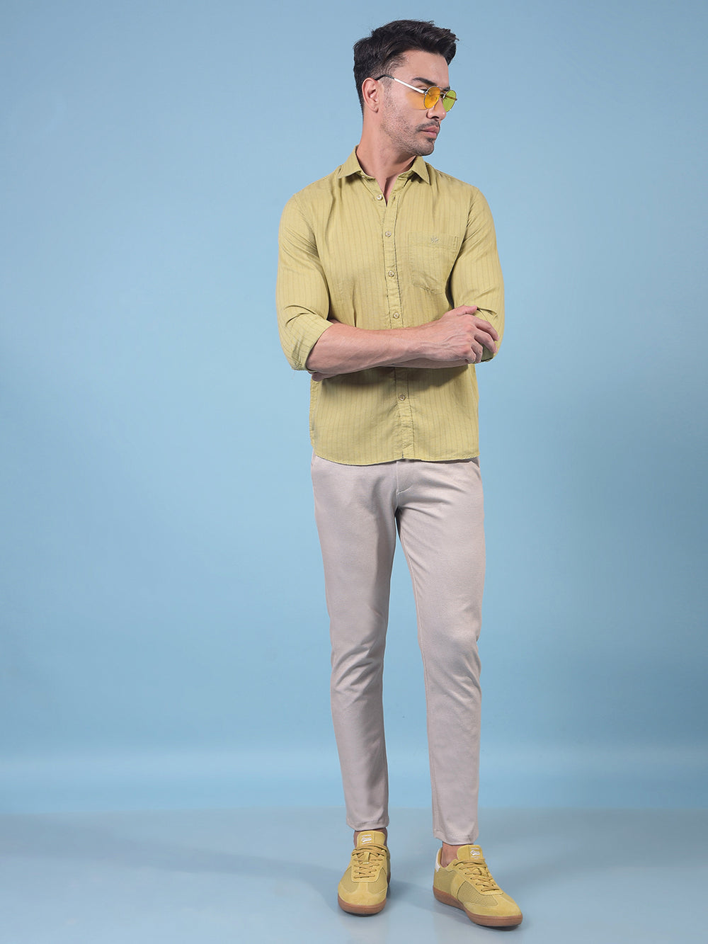 Green Vertical Stripes Linen Shirt-Men Shirts-Crimsoune Club