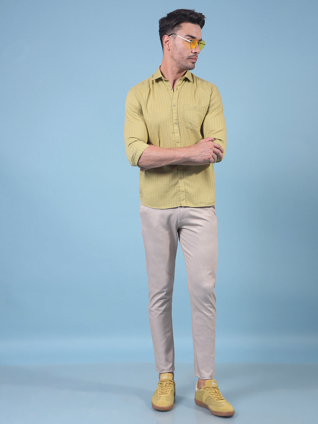 Green Vertical Stripes Linen Shirt-Men Shirts-Crimsoune Club