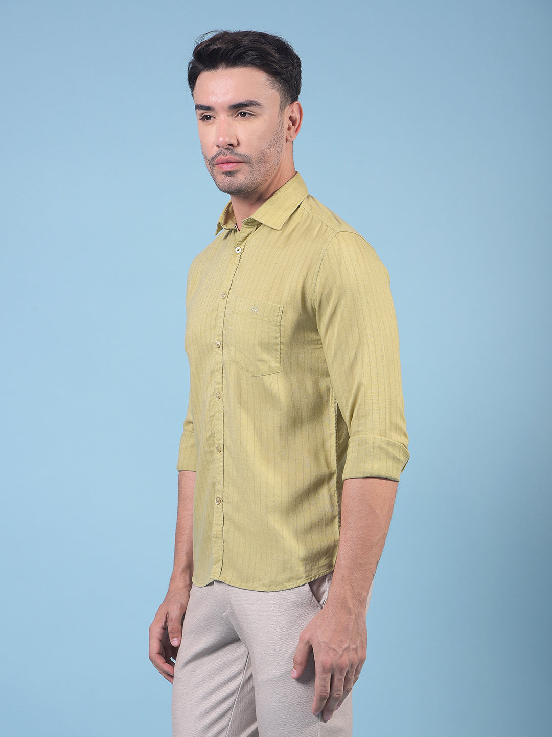 Green Vertical Stripes Linen Shirt-Men Shirts-Crimsoune Club