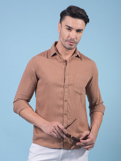 Brown Vertical Stripes Linen Shirt-Men Shirts-Crimsoune Club
