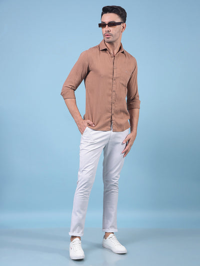 Brown Vertical Stripes Linen Shirt-Men Shirts-Crimsoune Club