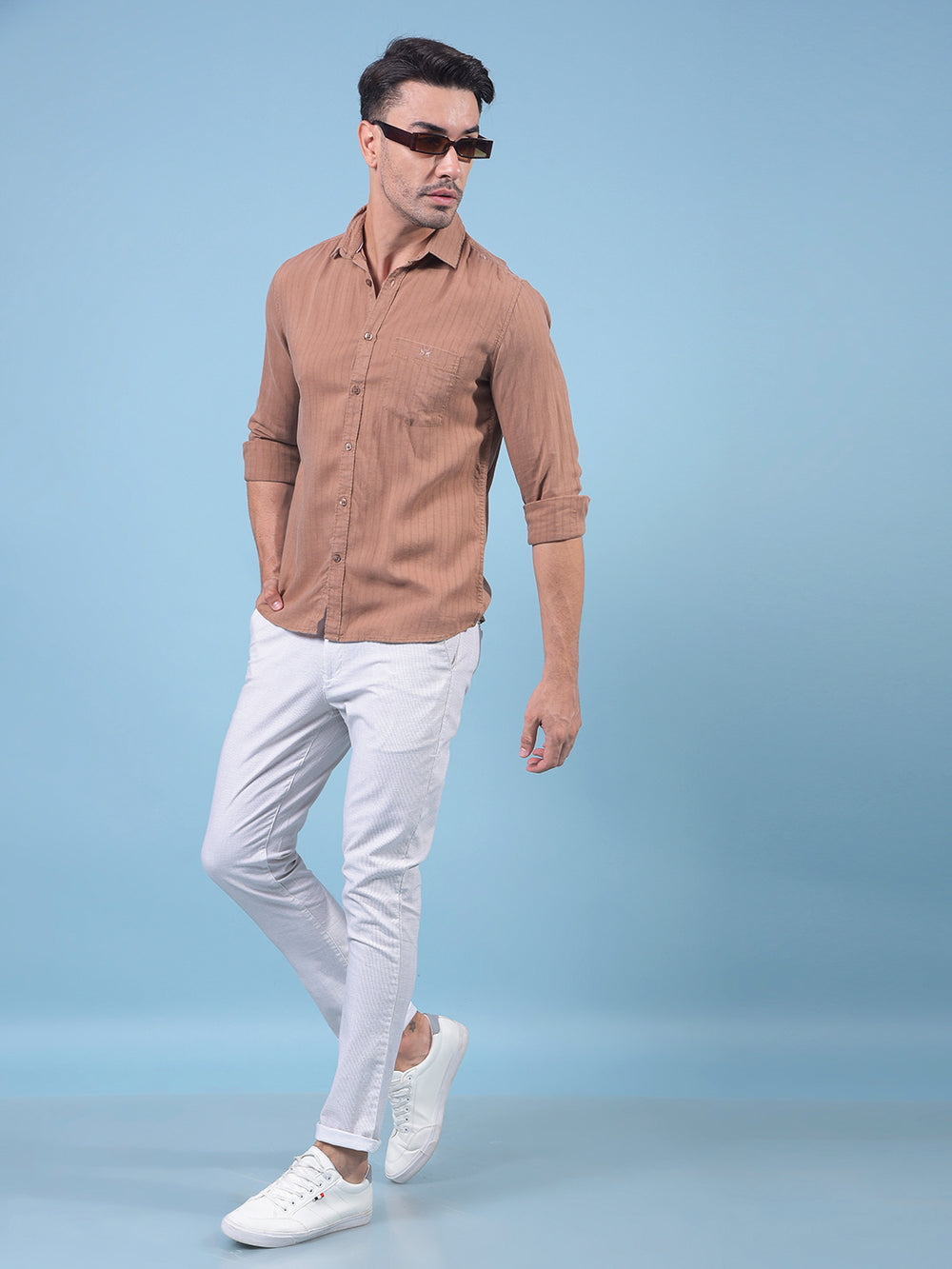 Brown Vertical Stripes Linen Shirt-Men Shirts-Crimsoune Club