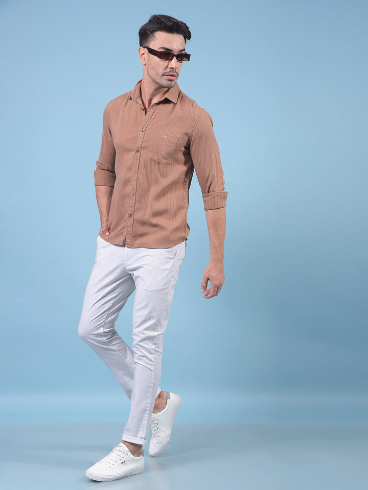 Brown Vertical Stripes Linen Shirt-Men Shirts-Crimsoune Club