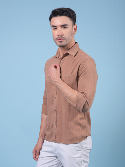 Brown Vertical Stripes Linen Shirt-Men Shirts-Crimsoune Club
