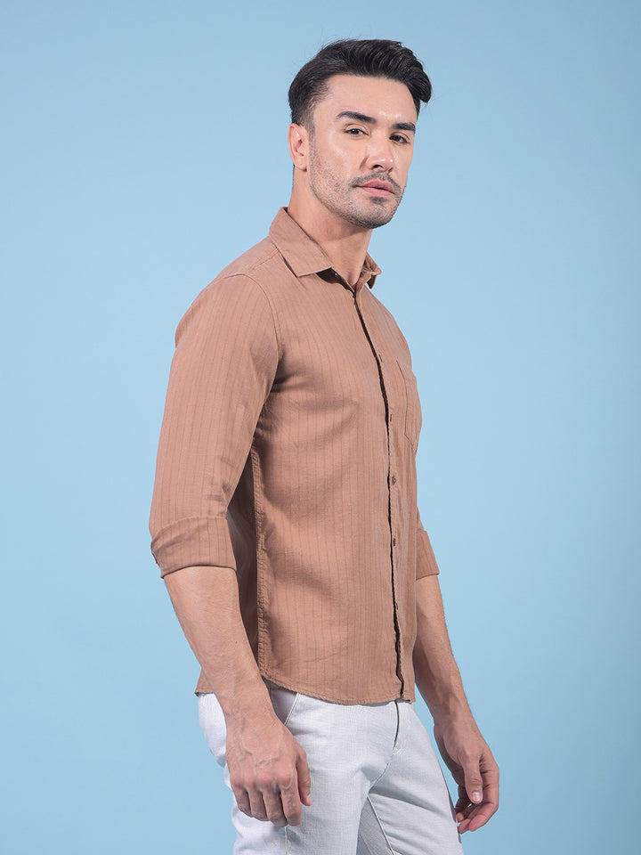 Brown Vertical Stripes Linen Shirt-Men Shirts-Crimsoune Club