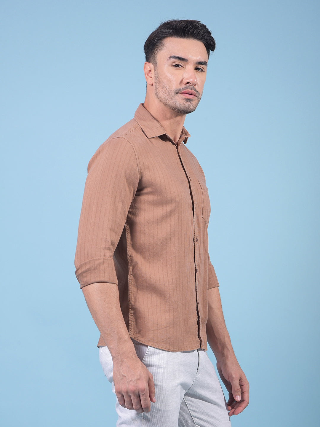 Brown Vertical Stripes Linen Shirt-Men Shirts-Crimsoune Club