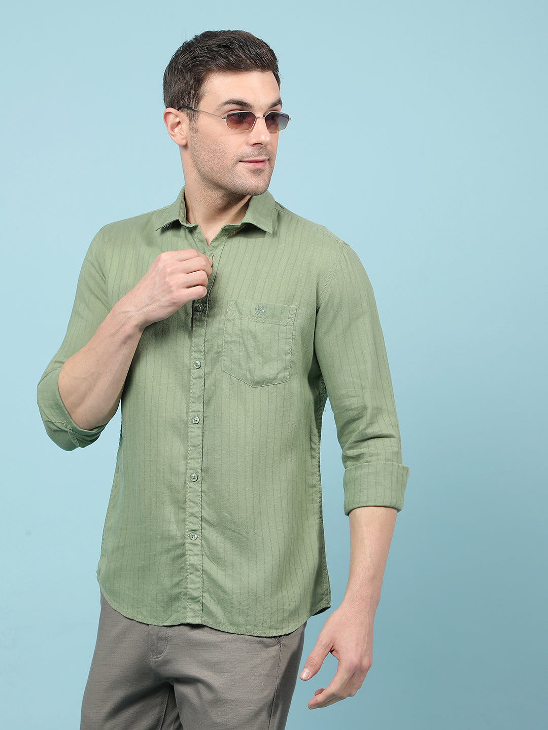 Green Vertical Stripes Linen Shirt-Men Shirts-Crimsoune Club