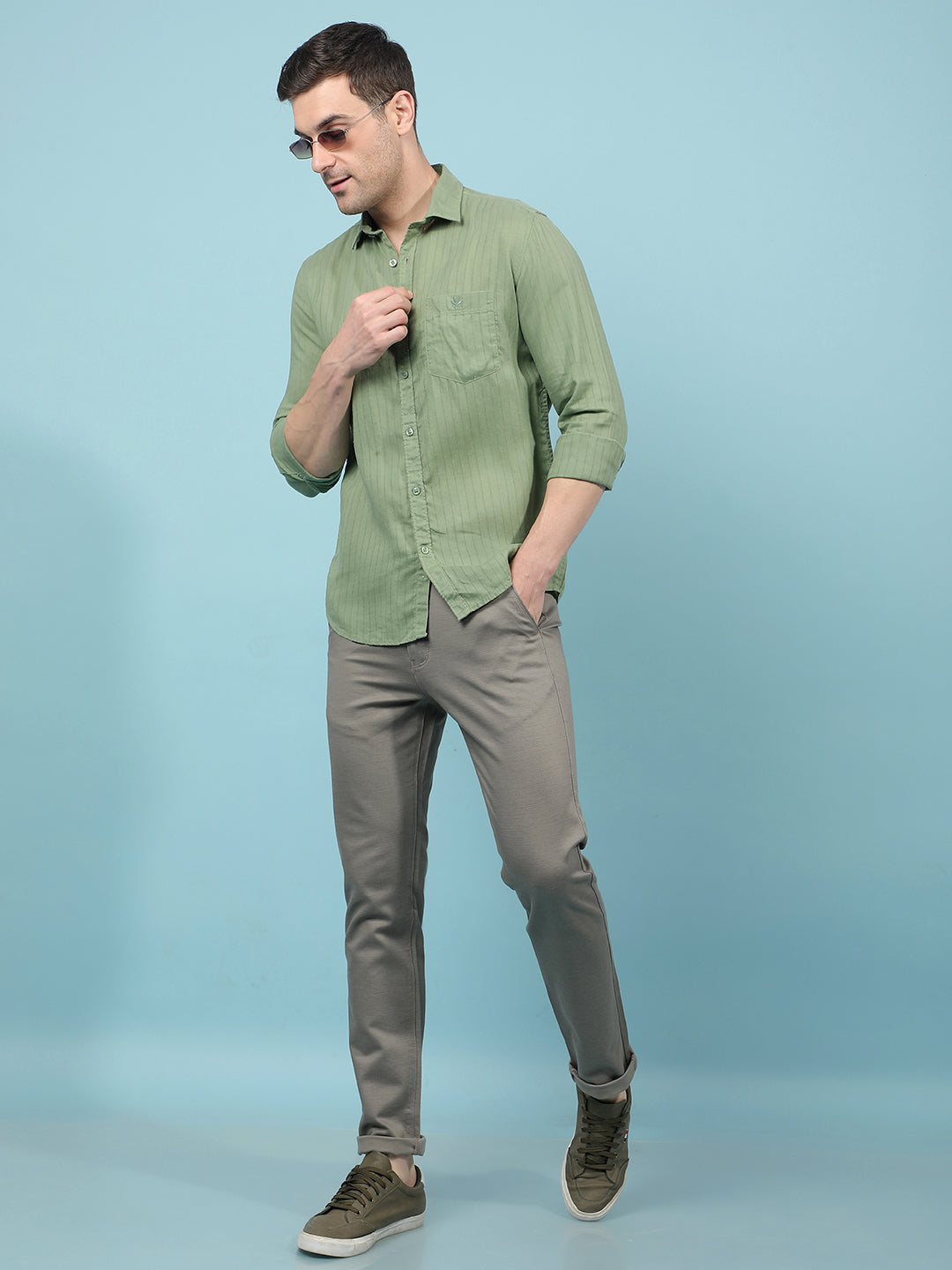 Green Vertical Stripes Linen Shirt-Men Shirts-Crimsoune Club