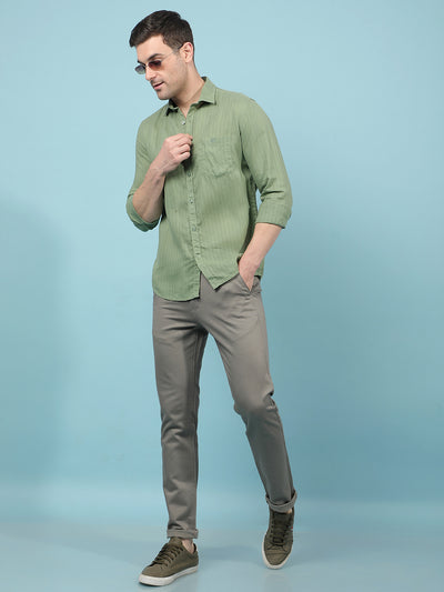 Green Vertical Stripes Linen Shirt-Men Shirts-Crimsoune Club