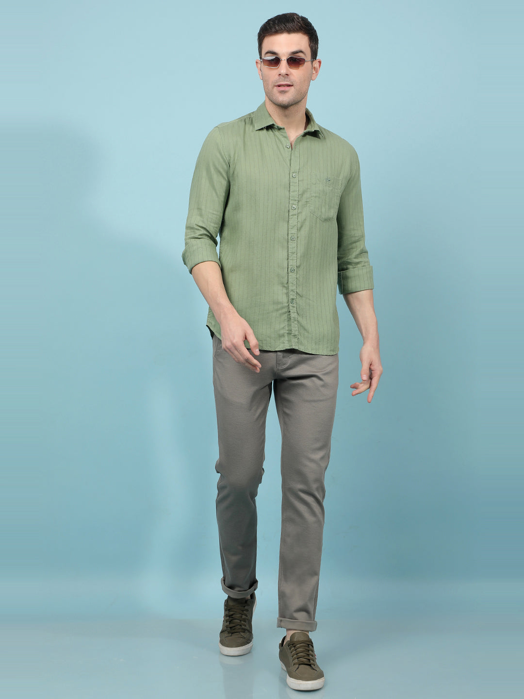 Green Vertical Stripes Linen Shirt-Men Shirts-Crimsoune Club