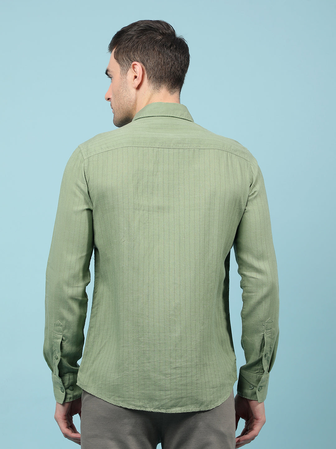 Green Vertical Stripes Linen Shirt-Men Shirts-Crimsoune Club