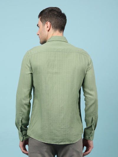 Green Vertical Stripes Linen Shirt-Men Shirts-Crimsoune Club
