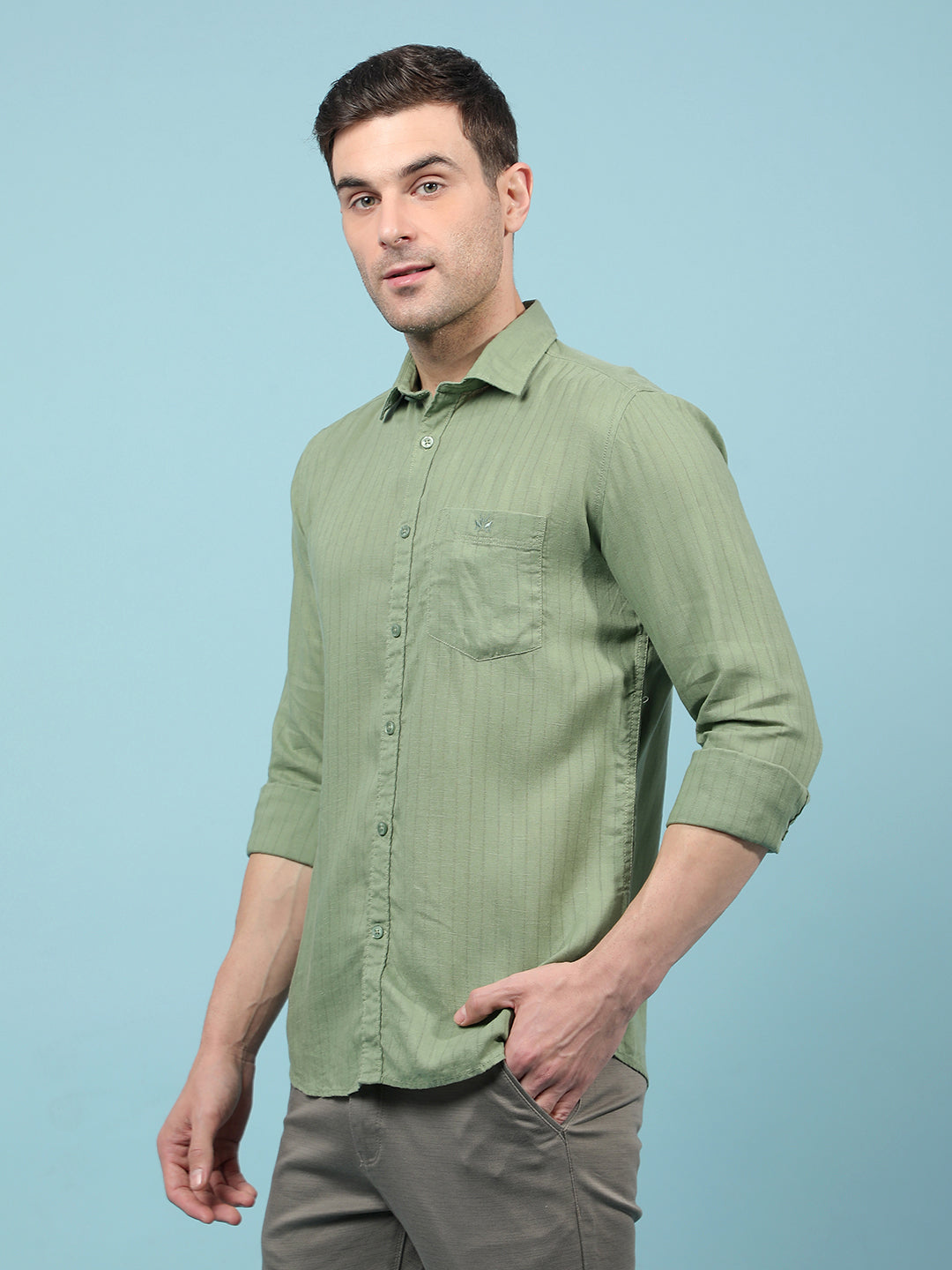 Green Vertical Stripes Linen Shirt-Men Shirts-Crimsoune Club