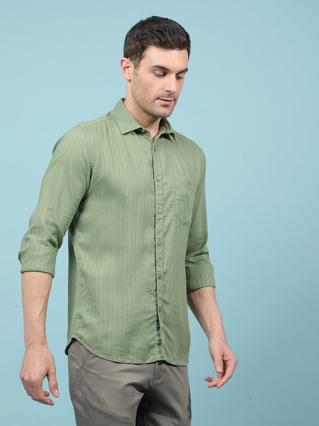 Green Vertical Stripes Linen Shirt-Men Shirts-Crimsoune Club