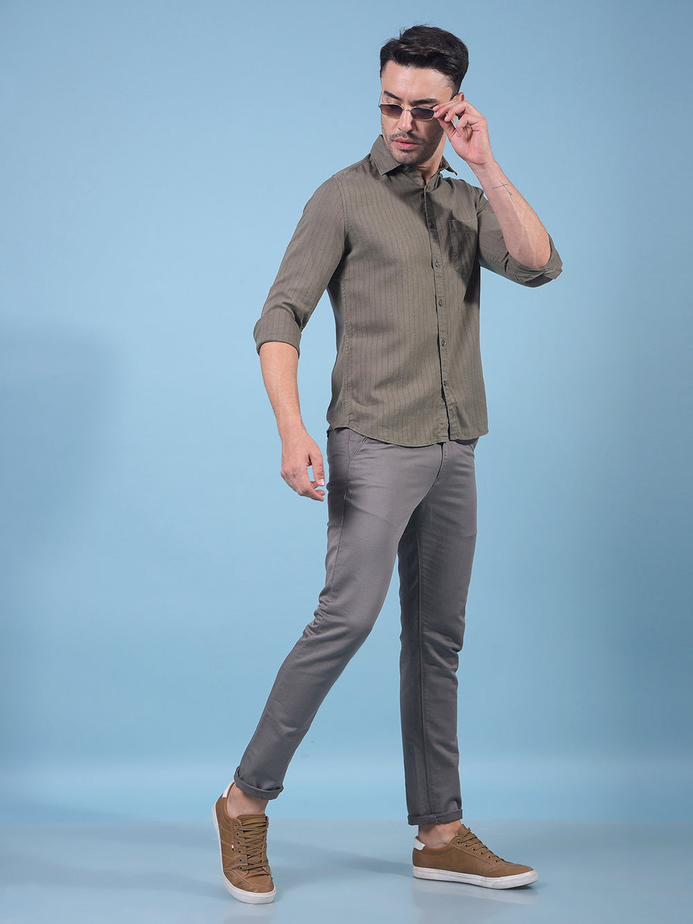 Green Vertical Stripes Linen Shirt-Men Shirts-Crimsoune Club