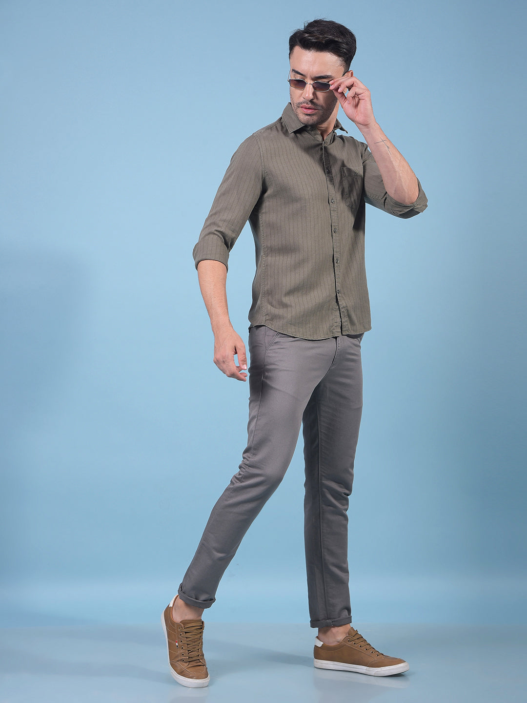 Green Vertical Stripes Linen Shirt-Men Shirts-Crimsoune Club