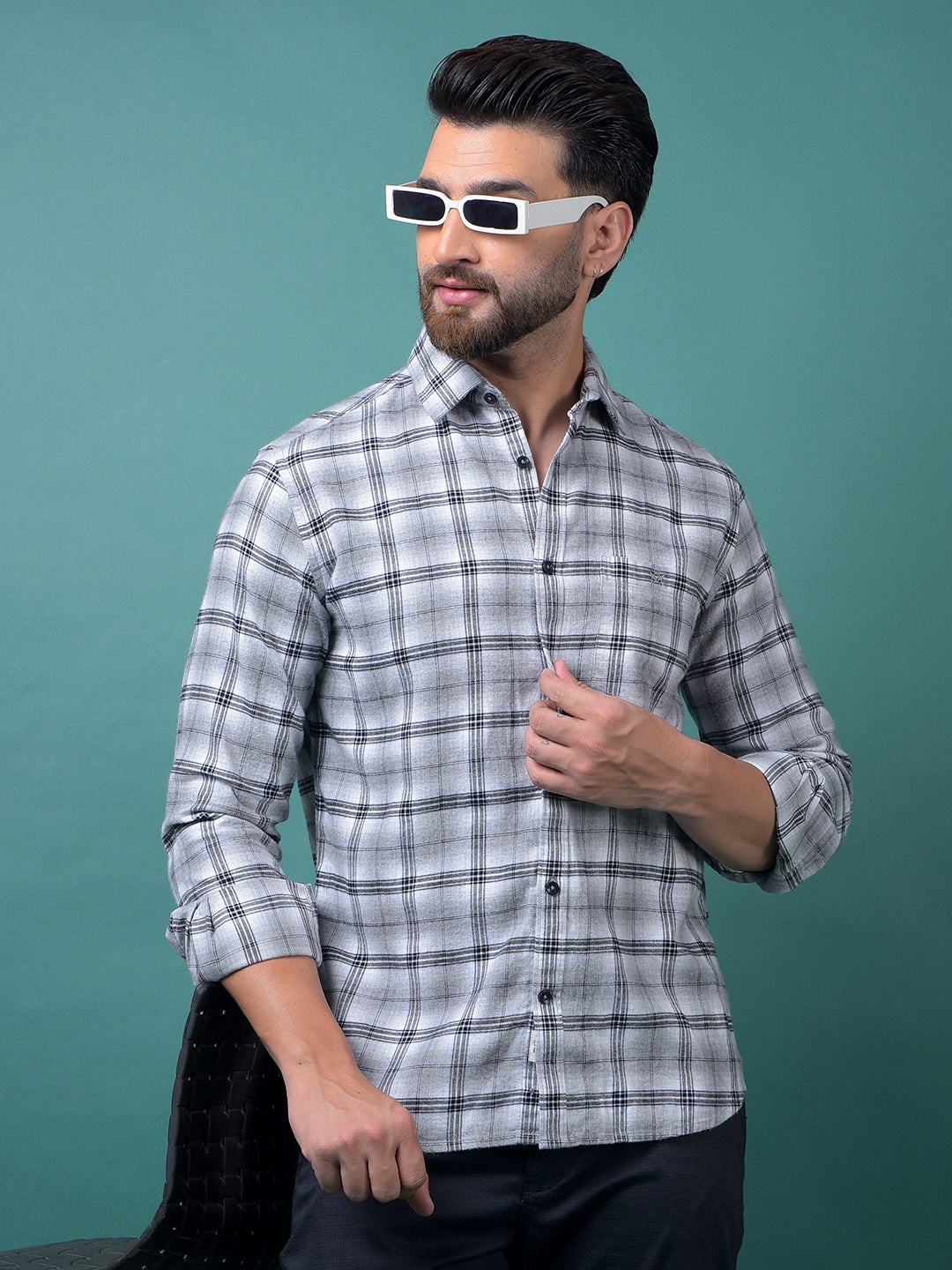 Grey Checked 100% Cotton Shirt-Men Shirts-Crimsoune Club