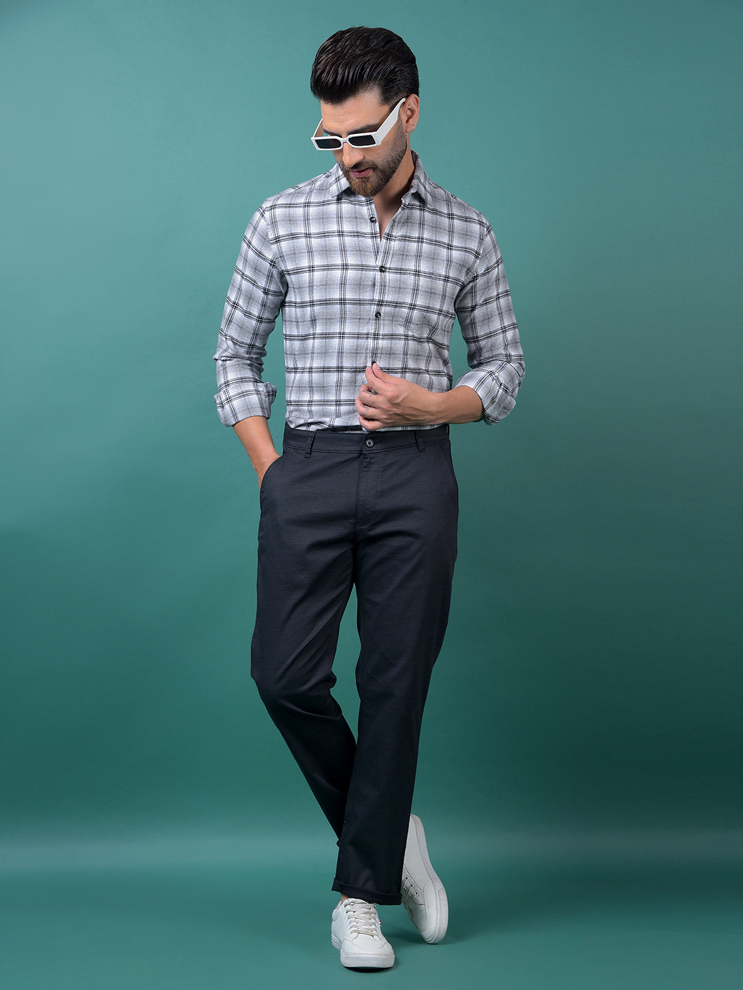 Grey Checked 100% Cotton Shirt-Men Shirts-Crimsoune Club