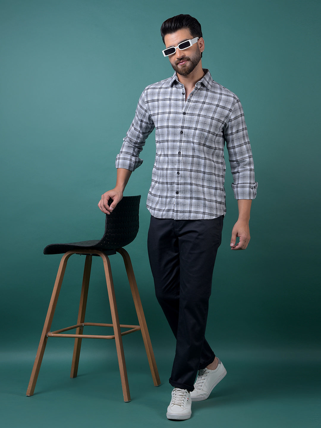 Grey Checked 100% Cotton Shirt-Men Shirts-Crimsoune Club