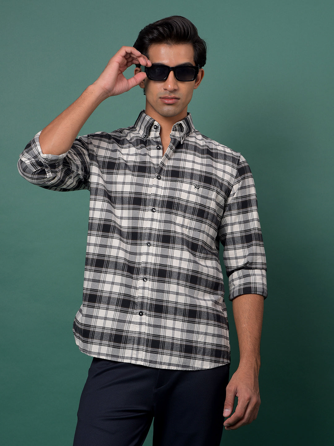 Olive Checked 100% Cotton Button-Down Collar Shirt-Men Shirts-Crimsoune Club