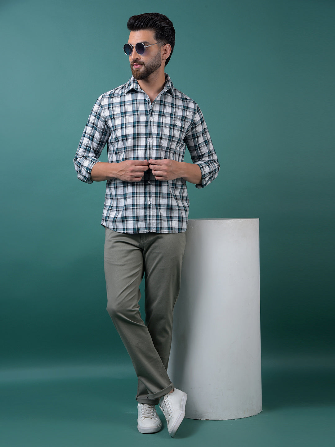 Green Checked 100% Cotton Shirt-Men Shirts-Crimsoune Club