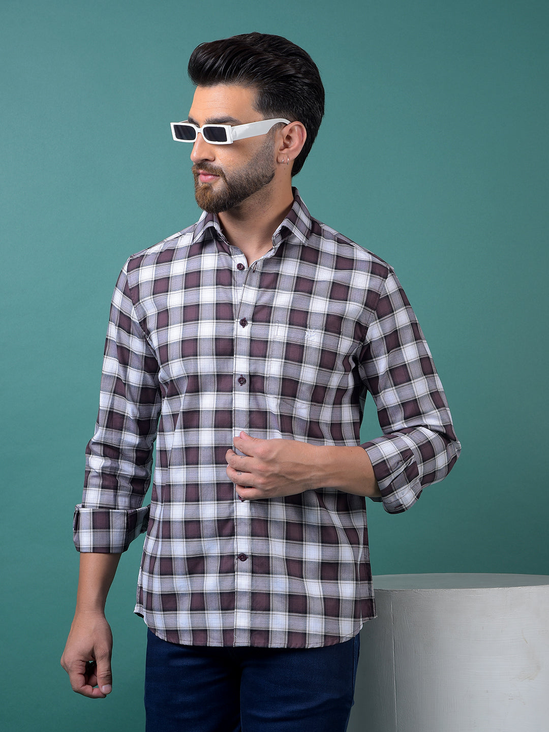 Wine Checked 100% Cotton Shirt-Men Shirts-Crimsoune Club