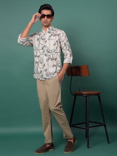 Grey Floral Print Linen Kurta-Men Kurtas-Crimsoune Club