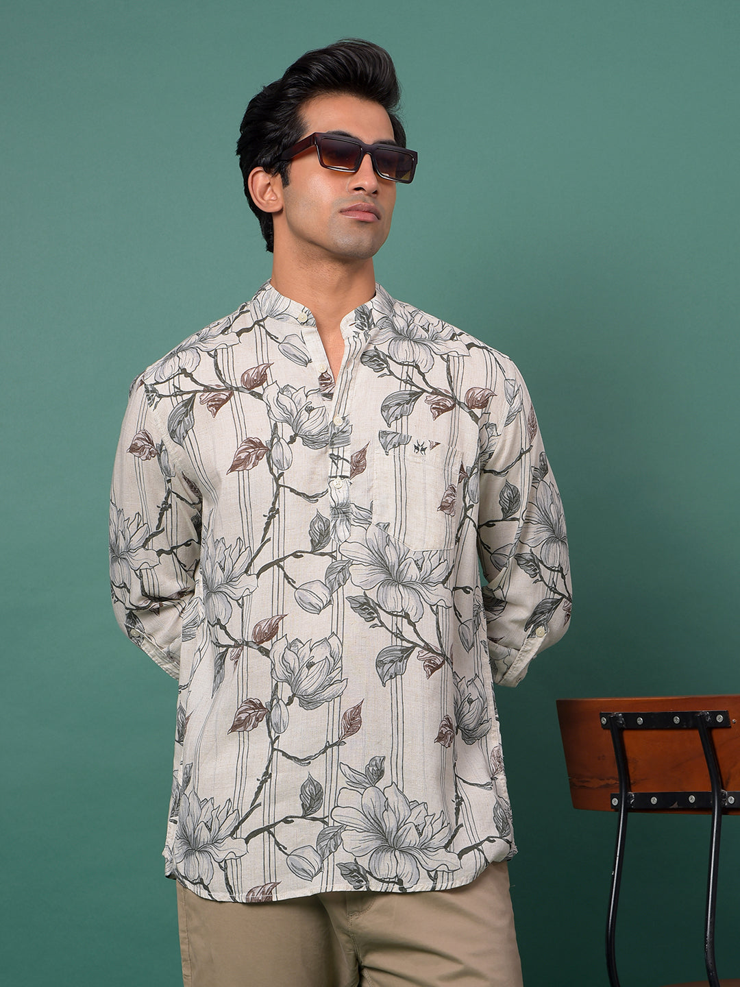 Grey Floral Print Linen Kurta-Men Kurtas-Crimsoune Club