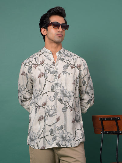 Grey Floral Print Linen Kurta-Men Kurtas-Crimsoune Club