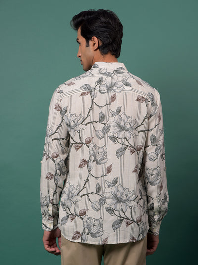 Grey Floral Print Linen Kurta-Men Kurtas-Crimsoune Club