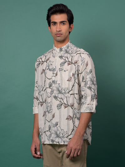 Grey Floral Print Linen Kurta-Men Kurtas-Crimsoune Club