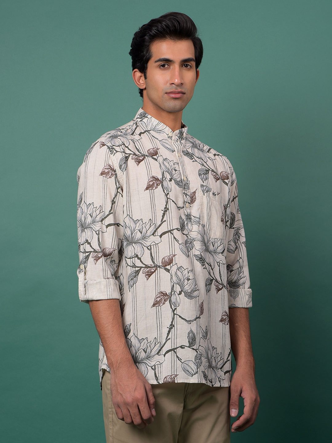 Grey Floral Print Linen Kurta-Men Kurtas-Crimsoune Club
