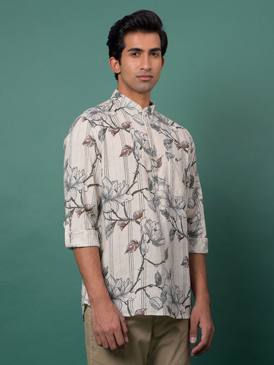 Grey Floral Print Linen Kurta-Men Kurtas-Crimsoune Club