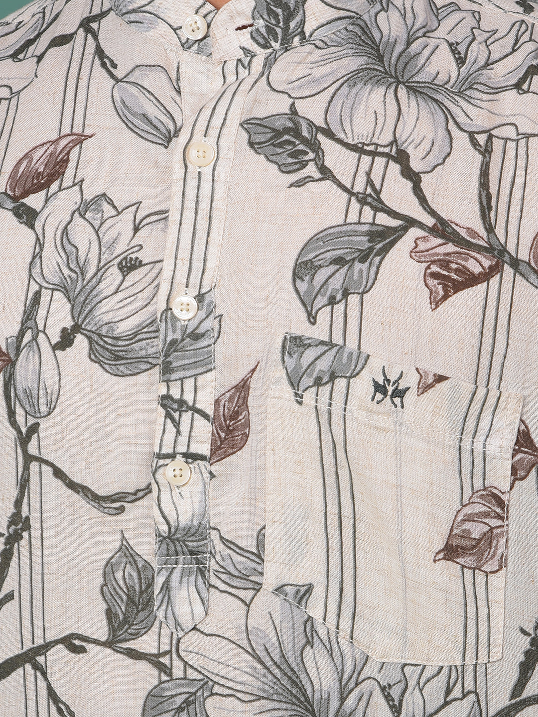 Grey Floral Print Linen Kurta-Men Kurtas-Crimsoune Club
