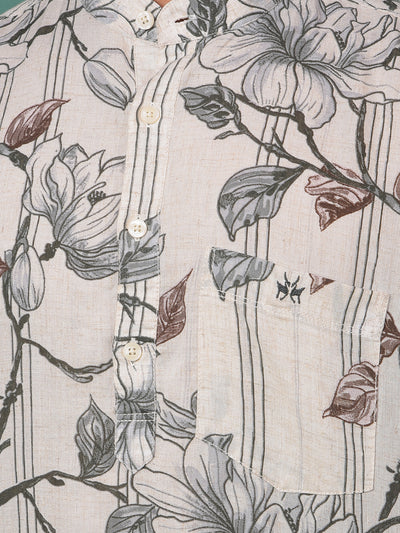 Grey Floral Print Linen Kurta-Men Kurtas-Crimsoune Club