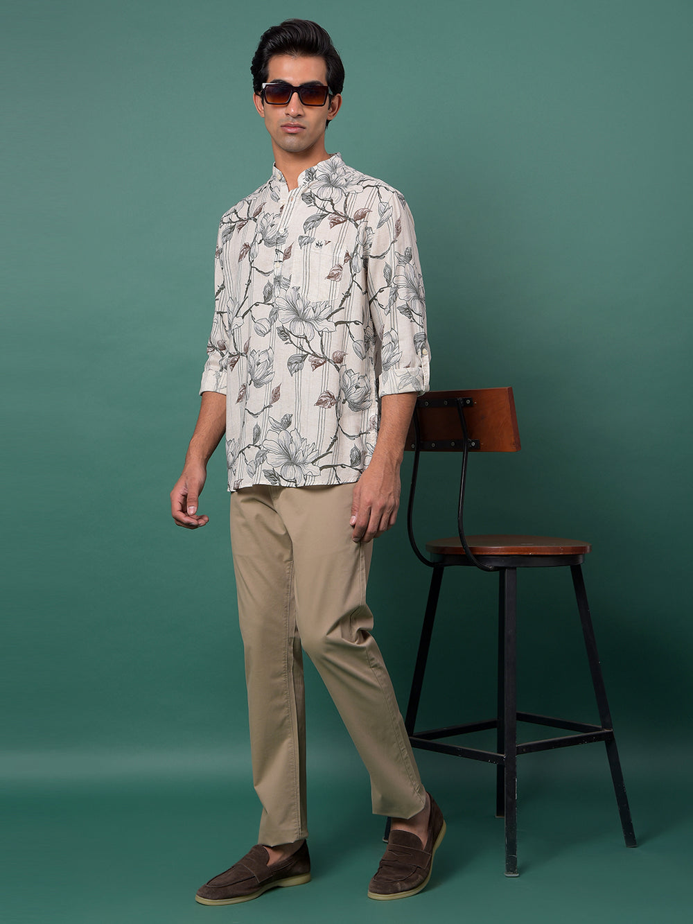 Grey Floral Print Linen Kurta-Men Kurtas-Crimsoune Club