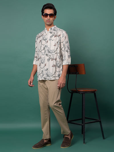 Grey Floral Print Linen Kurta-Men Kurtas-Crimsoune Club