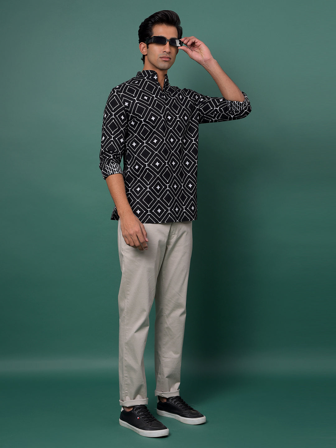 Black Printed 100% Cotton Kurta-Men Kurtas-Crimsoune Club