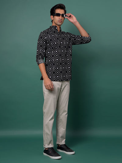 Black Printed 100% Cotton Kurta-Men Kurtas-Crimsoune Club