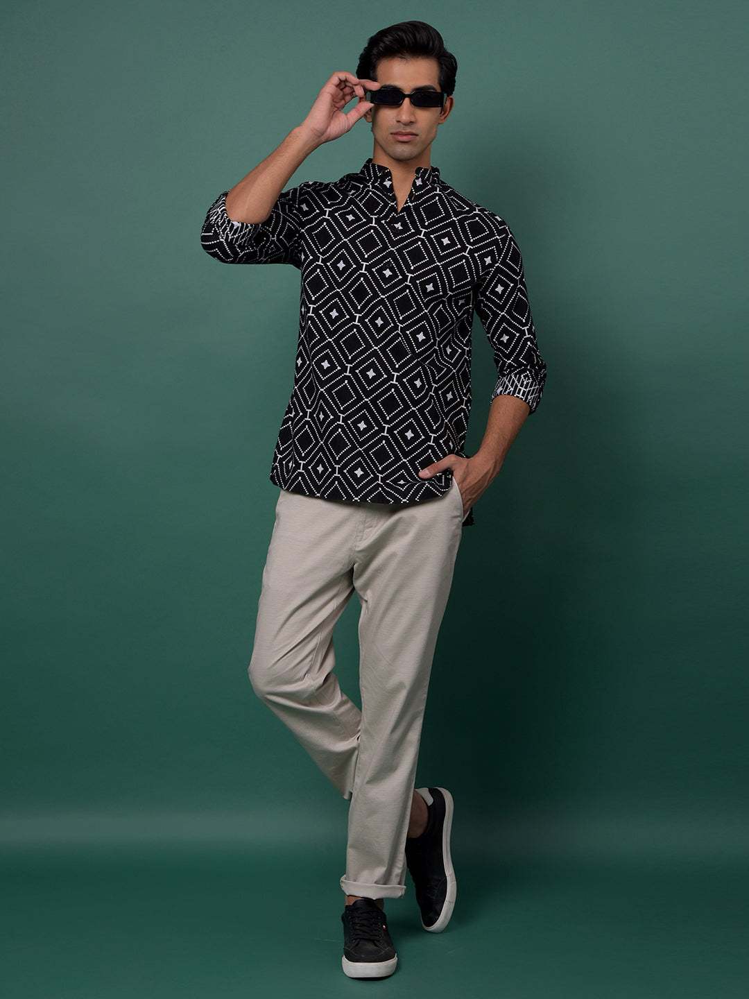 Black Printed 100% Cotton Kurta-Men Kurtas-Crimsoune Club