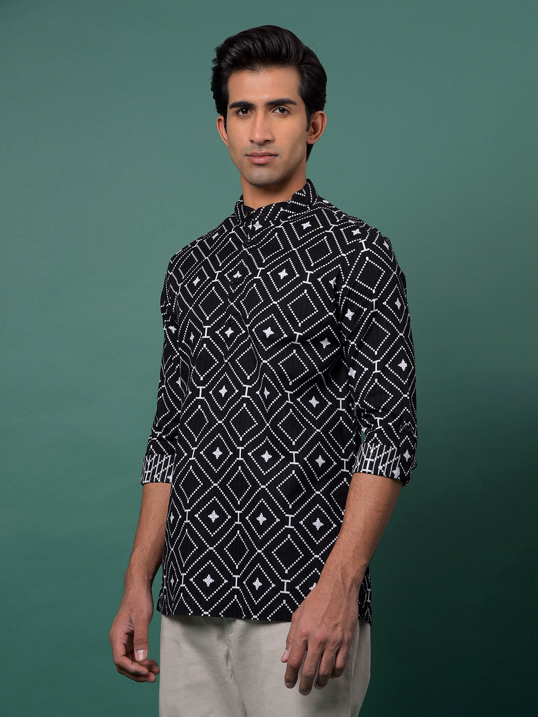 Black Printed 100% Cotton Kurta-Men Kurtas-Crimsoune Club