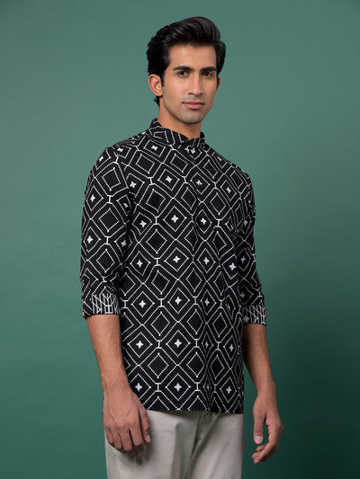 Black Printed 100% Cotton Kurta-Men Kurtas-Crimsoune Club