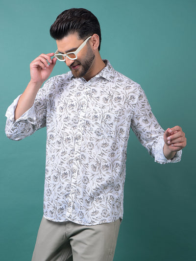 Green Floral Print Linen Shirt-Men Shirts-Crimsoune Club