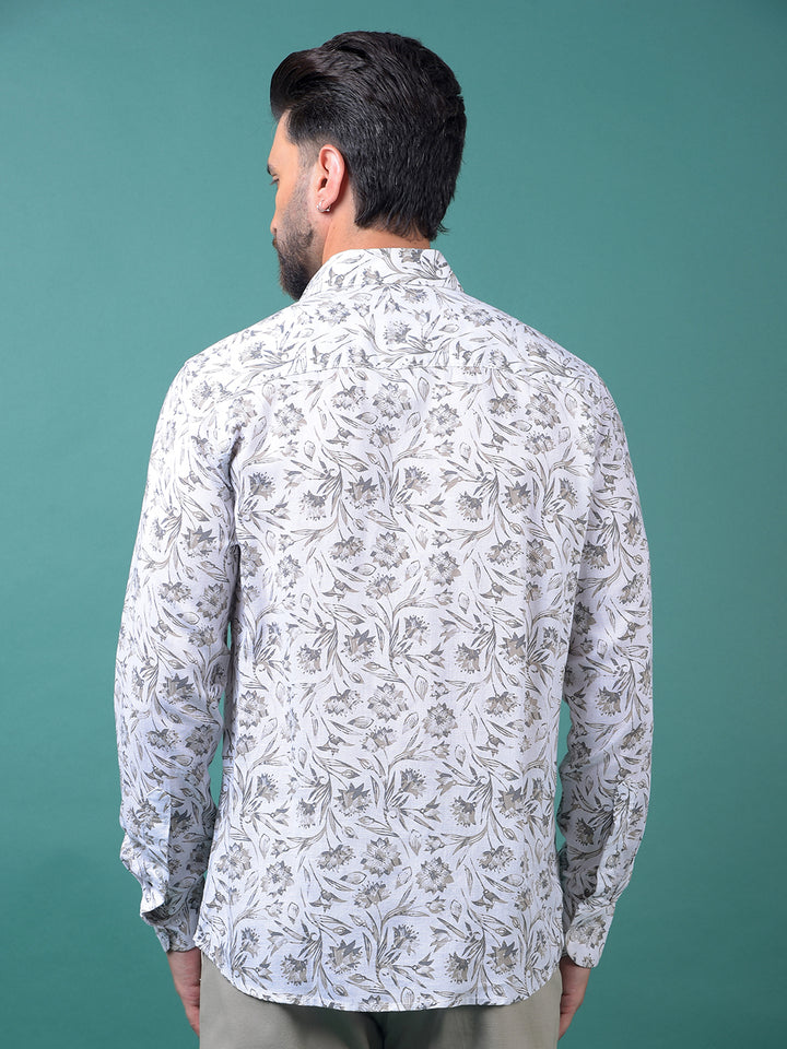 Green Floral Print Linen Shirt-Men Shirts-Crimsoune Club